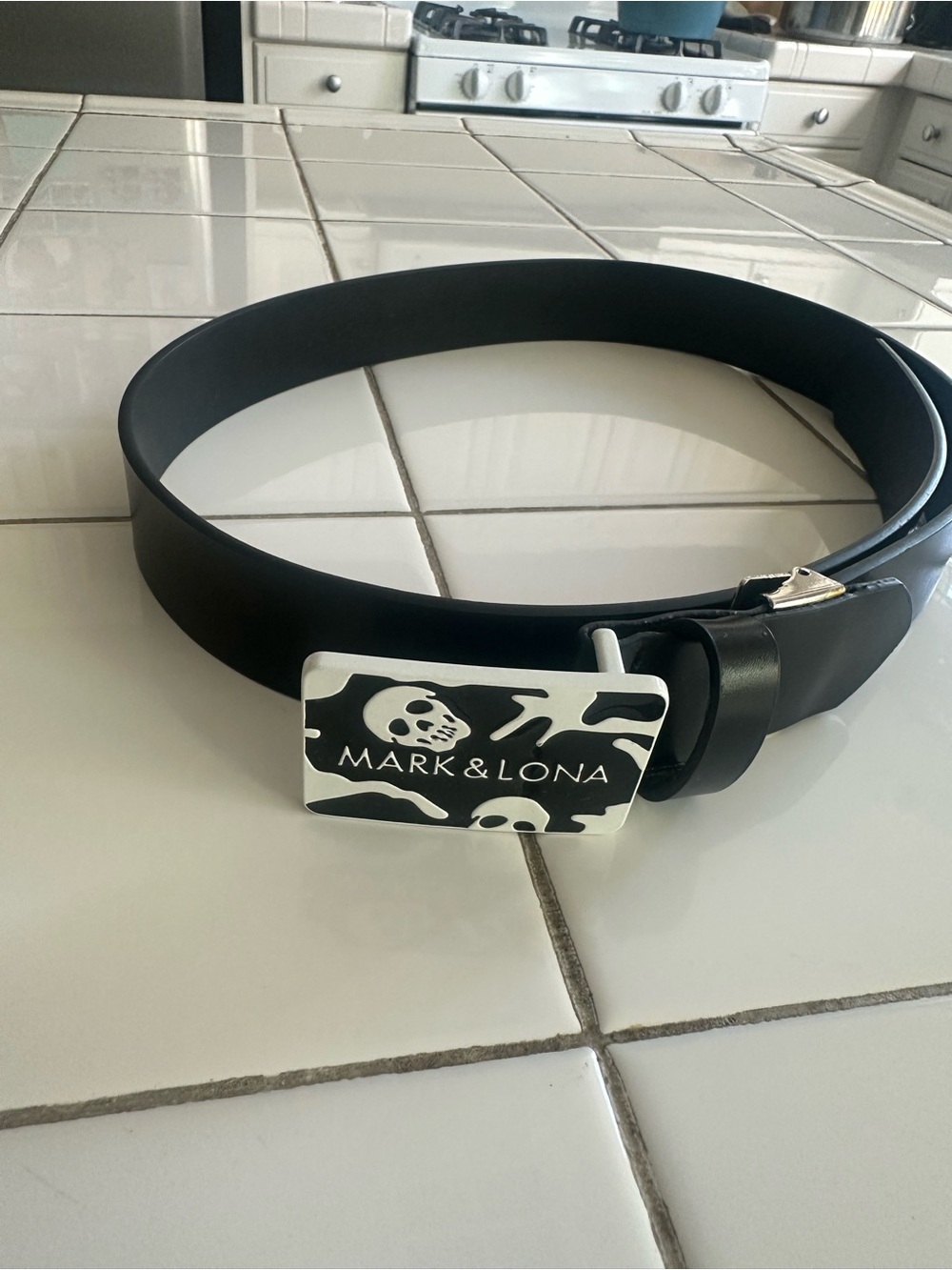 Mark & Lona Black Leather Belt with Skull Buckle